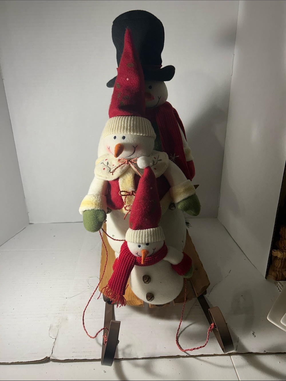 Stacked Plush Snowman Family with Red Hats
